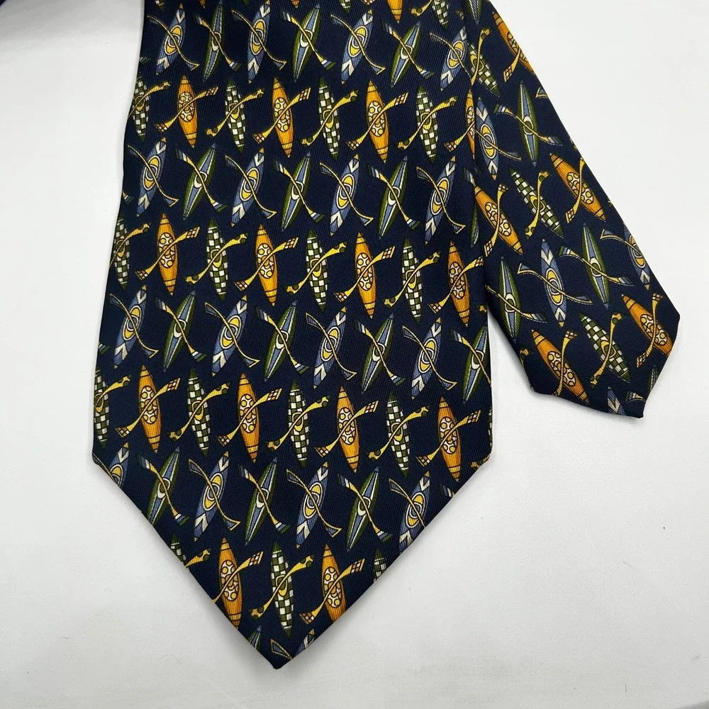 Salvatore Ferragamo Mens Silk Tie Navy Blue Kayak Canoe Oar Novelty Italy